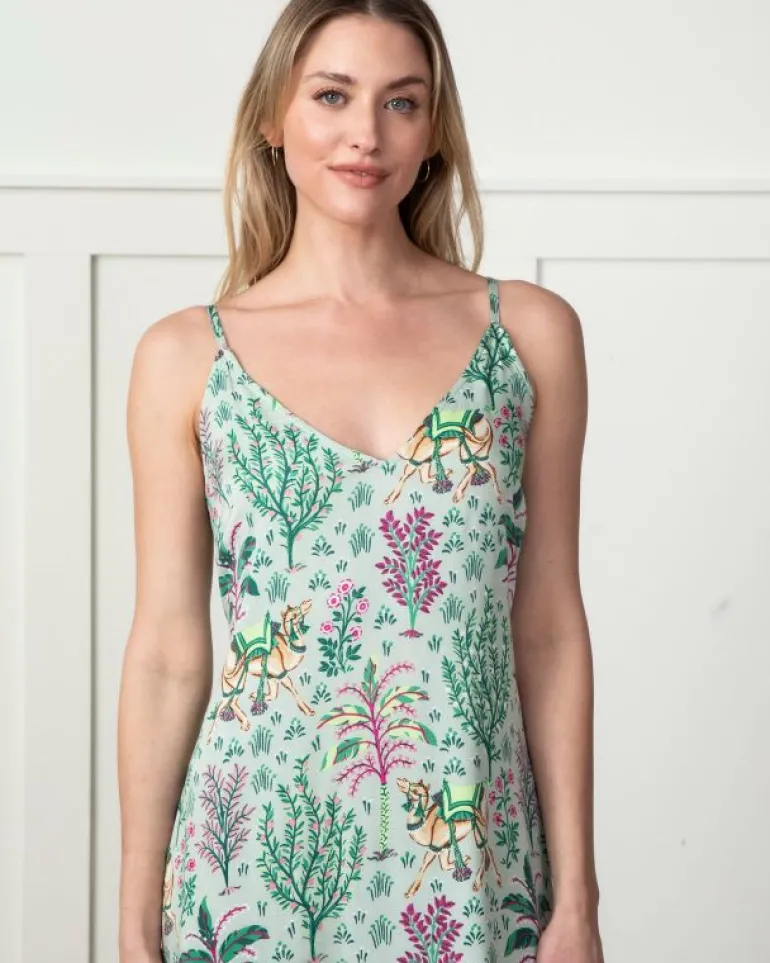 Luxe Satin | Nightgowns<Printfresh Camel's Courtyard - Satin Chic to Sleep Nightie - Avocado