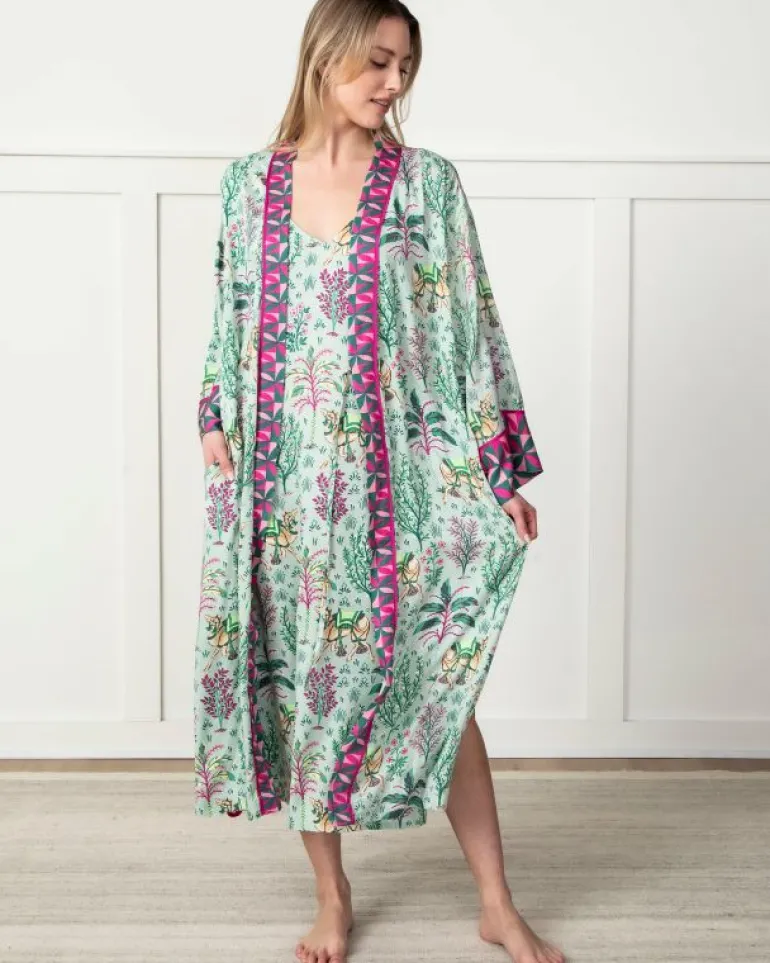 Luxe Satin | Robes<Printfresh Camel's Courtyard - Satin Robe - Avocado