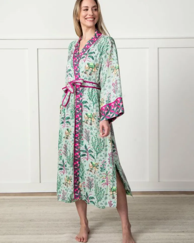 Luxe Satin | Robes<Printfresh Camel's Courtyard - Satin Robe - Avocado