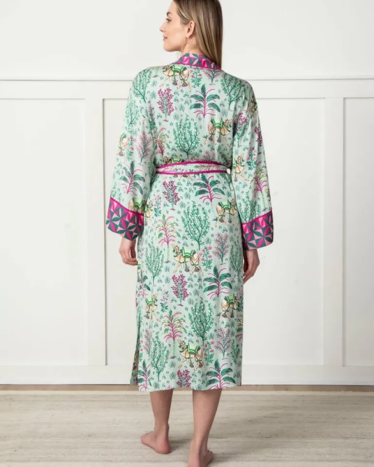 Luxe Satin | Robes<Printfresh Camel's Courtyard - Satin Robe - Avocado