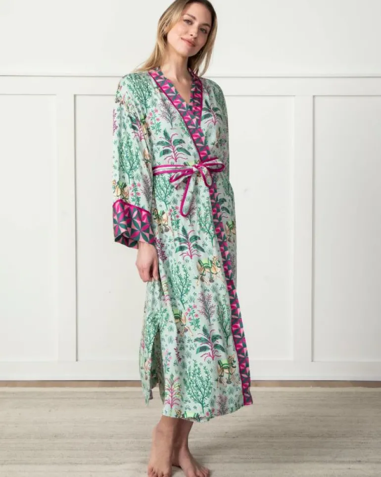 Luxe Satin | Robes<Printfresh Camel's Courtyard - Satin Robe - Avocado