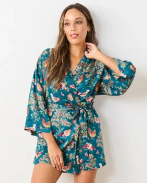 Luxe Satin | Robes<Printfresh Hen House - Satin Glam Mini Robe - Navy