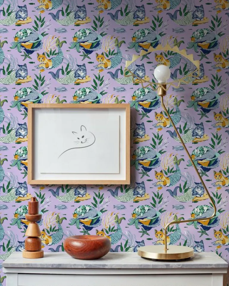 Wallpaper<Printfresh Meowing Mermaids - Peel u0026 Stick Wallpaper - Lavender