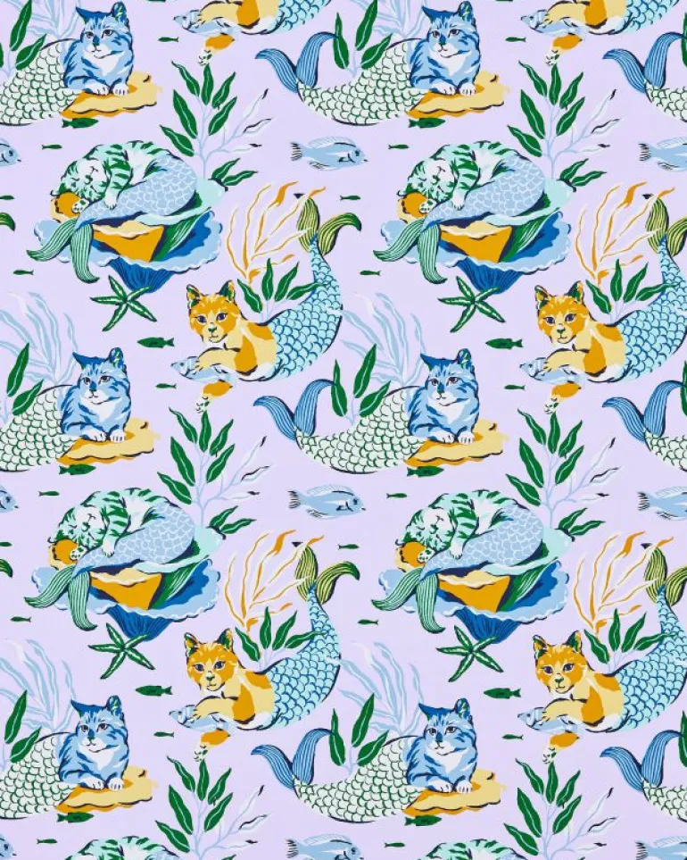 Wallpaper<Printfresh Meowing Mermaids - Peel u0026 Stick Wallpaper - Lavender