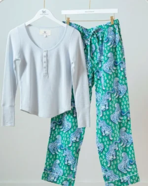 Bundles | Pajama Sets<Printfresh Tiger Queen - Cozy Henley u0026 Lightweight Flannel PJ Pants Set - Jade