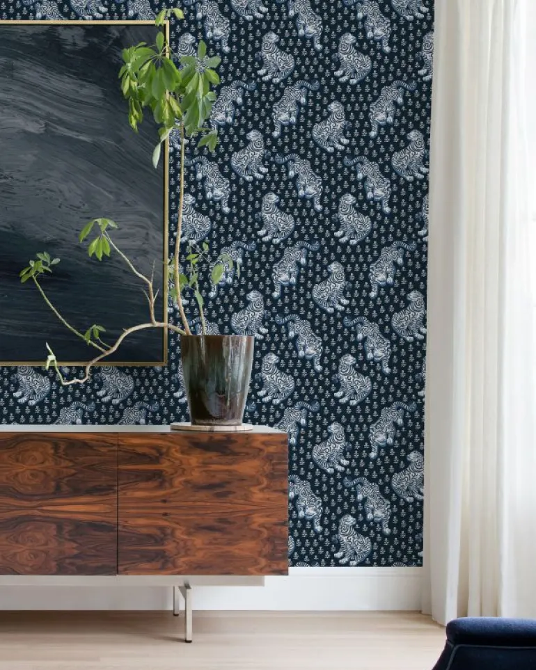 Wallpaper<Printfresh Tiger Queen - Peel u0026 Stick Wallpaper - Navy