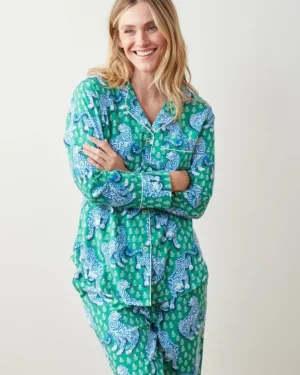 Petite | Pajama Sets<Printfresh Tiger Queen - Petite Lightweight Flannel Long PJ Set - Jade
