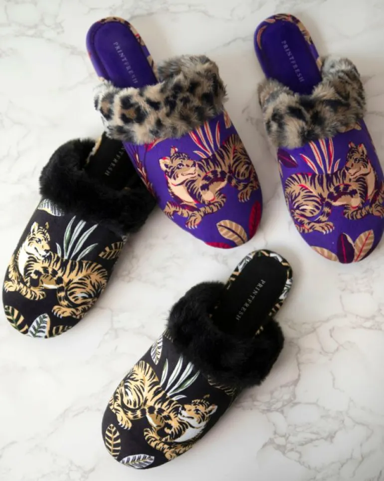 Slippers<Printfresh Untamed Tiger - Velvet Faux-Fur Slippers - Grape Soda