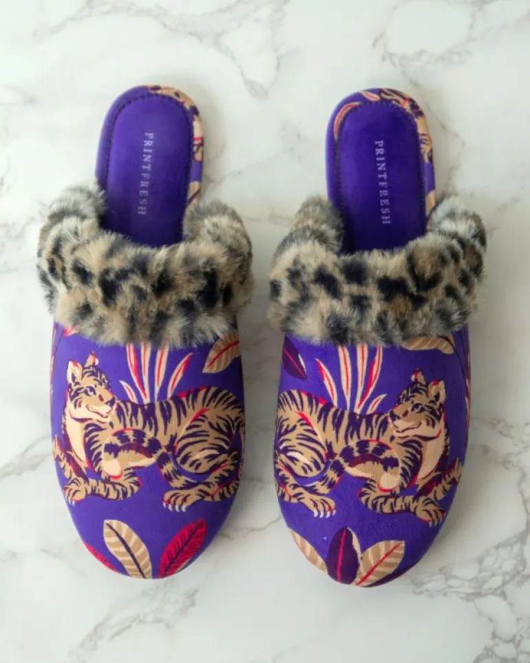 Slippers<Printfresh Untamed Tiger - Velvet Faux-Fur Slippers - Grape Soda